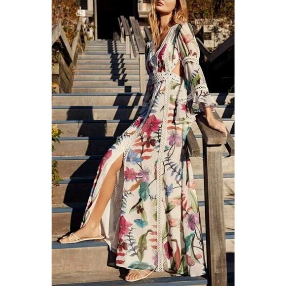 NWT $1016 PATBO Multicolor Floral V Neck Cut Out Zamia Lace Trim Maxi Dress M - Picture 1 of 15